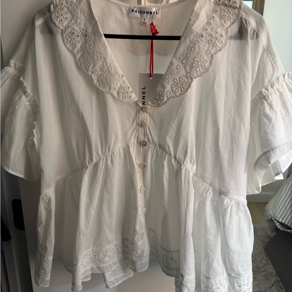 White Eyelet-Trim Peplum Blouse - Picture 3 of 5